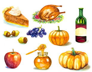 thanksgiving symbols set on white. watercolor hand painted illustration
