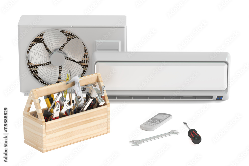 Wall mural Air conditioner with toolbox and tools. Repair and tech support