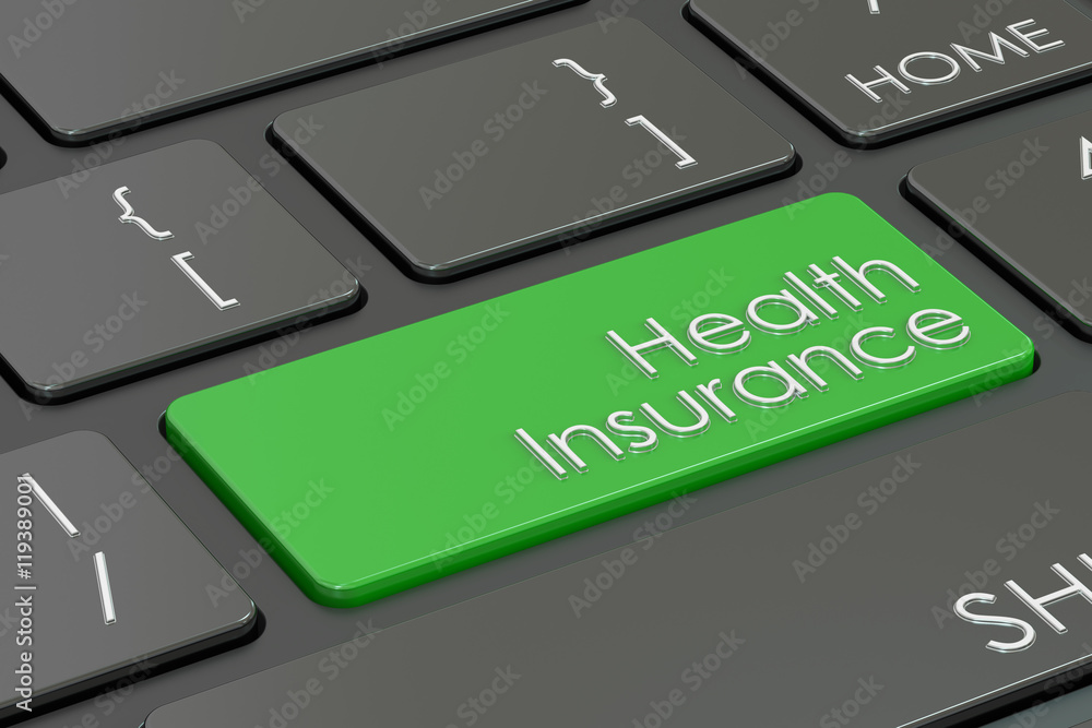 Poster health insurance button, green key on keyboard. 3d rendering