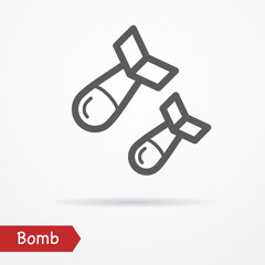 Abstract simplistic air bomb icon in silhouette line style with shadow. Military vector stock image.