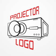 Abstract logotype made of typical projector in graphic silhouette style and sample text. Video vector stock image.