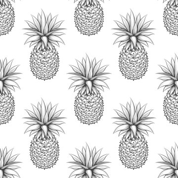Black and white seamless pattern with hand drawn pineapple. Monochromic pineapple vector background