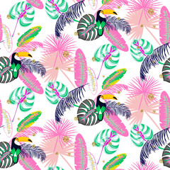 Monstera tropic pink plant leaves and toucan bird seamless pattern. Exotic nature pattern for fabric, wallpaper or apparel. © YoPixArt