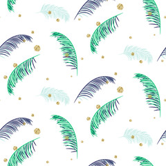 Fototapeta na wymiar Blue and green palm leaves seamless vector pattern on white background. Tropical banana jungle leaf.