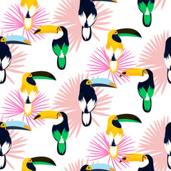 Tropic light pink plant leaves and toucan bird seamless pattern. Exotic nature pattern for fabric, wallpaper or apparel. © YoPixArt