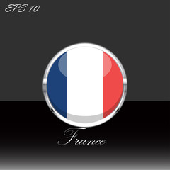 France flag isolated on black background. French flag button in silver chrome ring. France sport competition participant. Web button, language sign, print graphic element Clip art illustration icon