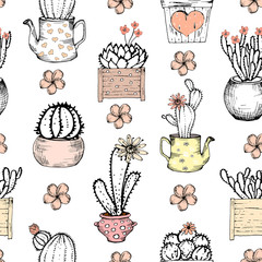 Seamless pattern with black and white cactus with flowers in pastel pink pot. Vector print with cactuses. Cute tile template, hand drawn