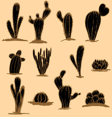 Collection Hand drawn cacti, Vector illustration. Different types of cactus plants decorative icons set isolated. Stylized, brown