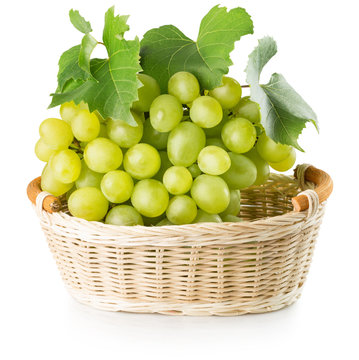 green grapes in basket isolated on the white background