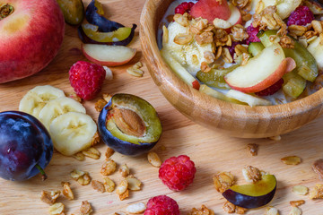Muesli with berries, fruits and milk - healthy breakfast.