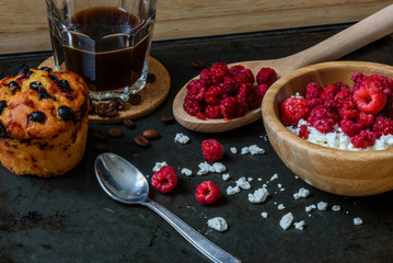 Cottage cheese with raspberries, coffee and blueberry muffin for breakfast