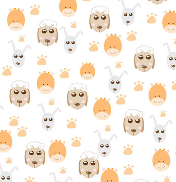 beautiful animal print giraffe, rabbit and sheep on a white background with footprints, baby vector background