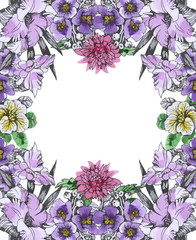 Wedding or birthday card. Floral frame. Watercolor background with flowers