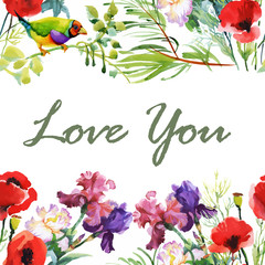 Wedding or birthday card. Floral frame. Watercolor background with flowers