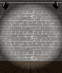 vector brick wall and wooden floor with light. Interior design. Template for business presentation, corporate identity. Color of bricks and floor can be changed. Digital graphic illustration clip art