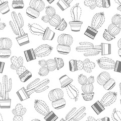 Hand drawn succulent ornament with cactus in a pot . Pattern with cactus in black on a white background.