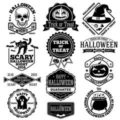 Vector Halloween labels, badges set. With kcull, pumpkin, cat, bats, ghost, candies etc.
