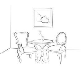 he sketch the room. Sketch parts of the room. Design a table and two chairs in the corner of the room.