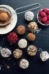 Homemade chocolate and nuts candy balls with cocoa powder, coconut, berries and chopped hazelnuts...