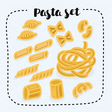 Set of pasta shapes, macaroni, Celentani, Chifferi, Fusilli, Shells, Rotelle. Vector illustration