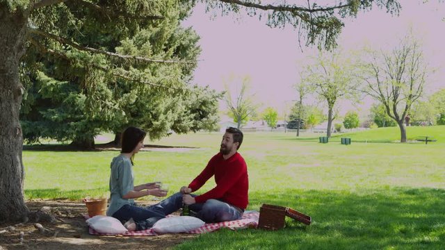 Young couple opening wine and having a picnic in park