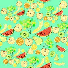 seamless pattern the fruit watermelon, orange, kiwi, grapes, ban