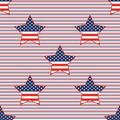 USA patriotic stars seamless pattern on red and blue diagonal stripes background. American patriotic wallpaper with USA patriotic stars. Wrapping pattern vector illustration.