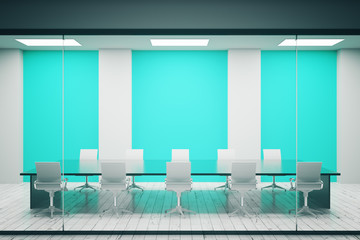 Conference room with blue posters