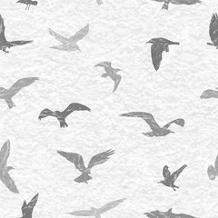 Grunge seamless pattern of flying birds white background. Vector illustration