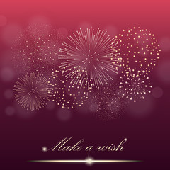 Firework show on ambient red blurred gradient background. "Make a wish" concept. Vector illustration
