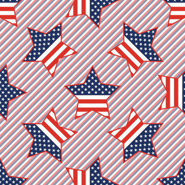 USA patriotic stars seamless pattern on red and blue stripes background. American patriotic wallpaper with USA patriotic stars. Grid pattern vector illustration.