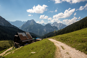 Fototapeta na wymiar Plumsjoch on the hike to Ahornboden in mountains of Austria