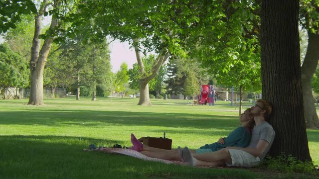 Young couple having a picnic in the shade at the park