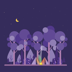 Colorful vector concept with night camping scene.