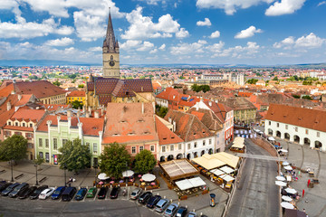Fototapeta premium Aerial view of Sibiu old center. Founded by German settlers, Sibiu was once the capital of the Principality of Transylvania