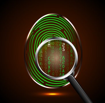 Magnifying glass looking at a fingerprint and showing binary code