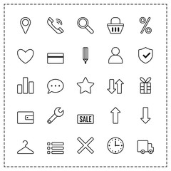 Icon set e-Commerce. Flat linear design, shopping symbols, elements.