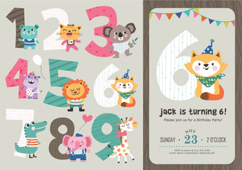 Birthday Anniversary Numbers with Cute Animals & Birthday Party Invitation Card Template