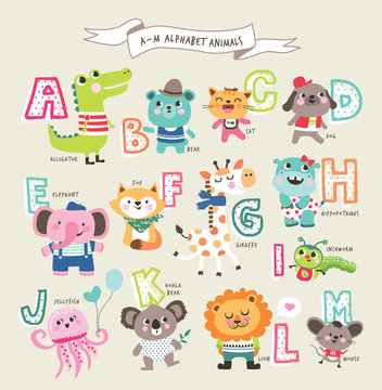 Cute cartoon animals alphabet from A to M