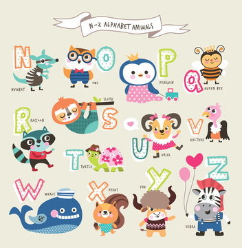Cute cartoon animals alphabet from N to Z