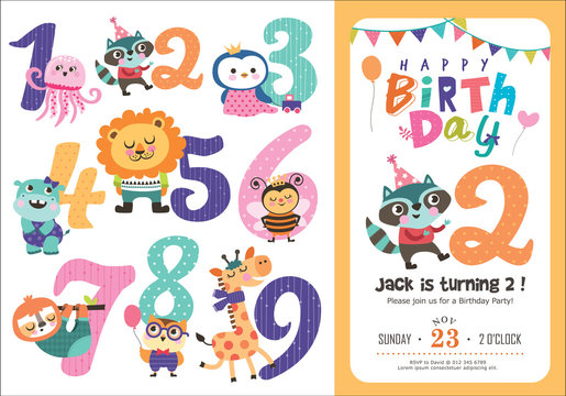 Birthday Anniversary Numbers with Cute Animals & Birthday Party Invitation Card Template
