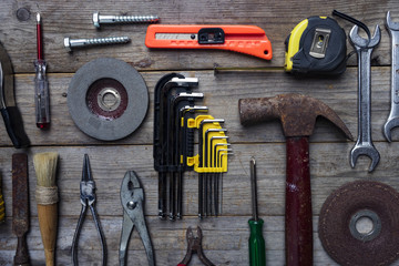 Old tools on a wooden table