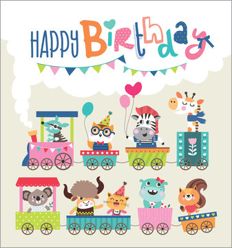 Birthday card with cute animals on train
