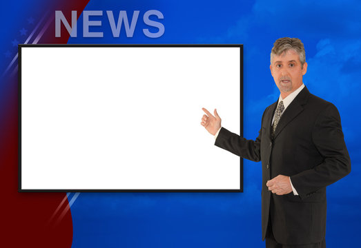 TV newscaster reporting w blank screen