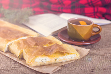 Tea, plaid, cake and a book. The atmosphere for a cozy romantic evening.