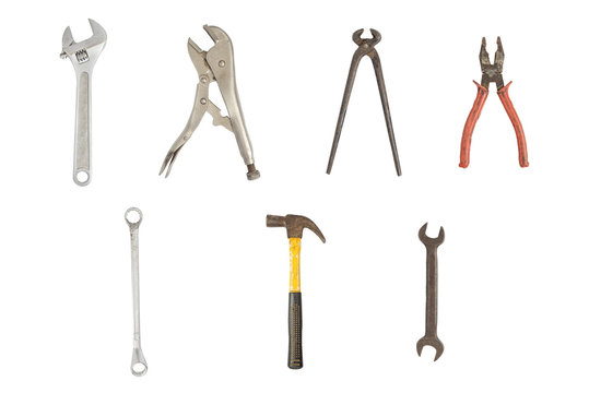 Image isolated set of old working tools. Clipping path
