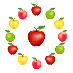Apples in a wheel, Granny Smith, Red Delicious, Golden Delicious and Pink varieties, fresh, natural, ripe, orchard garden fruit in a circle, isolated on a white background.