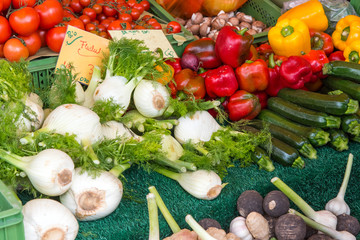 Fennel, pepper, courgette and other vegetables for sale at a market