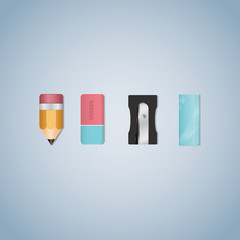 Set of back to school icons vector illustration. Pencil, Eraser, Sharpener, Ruler