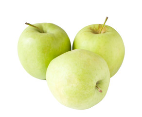 three green yellow apples isolated on white background